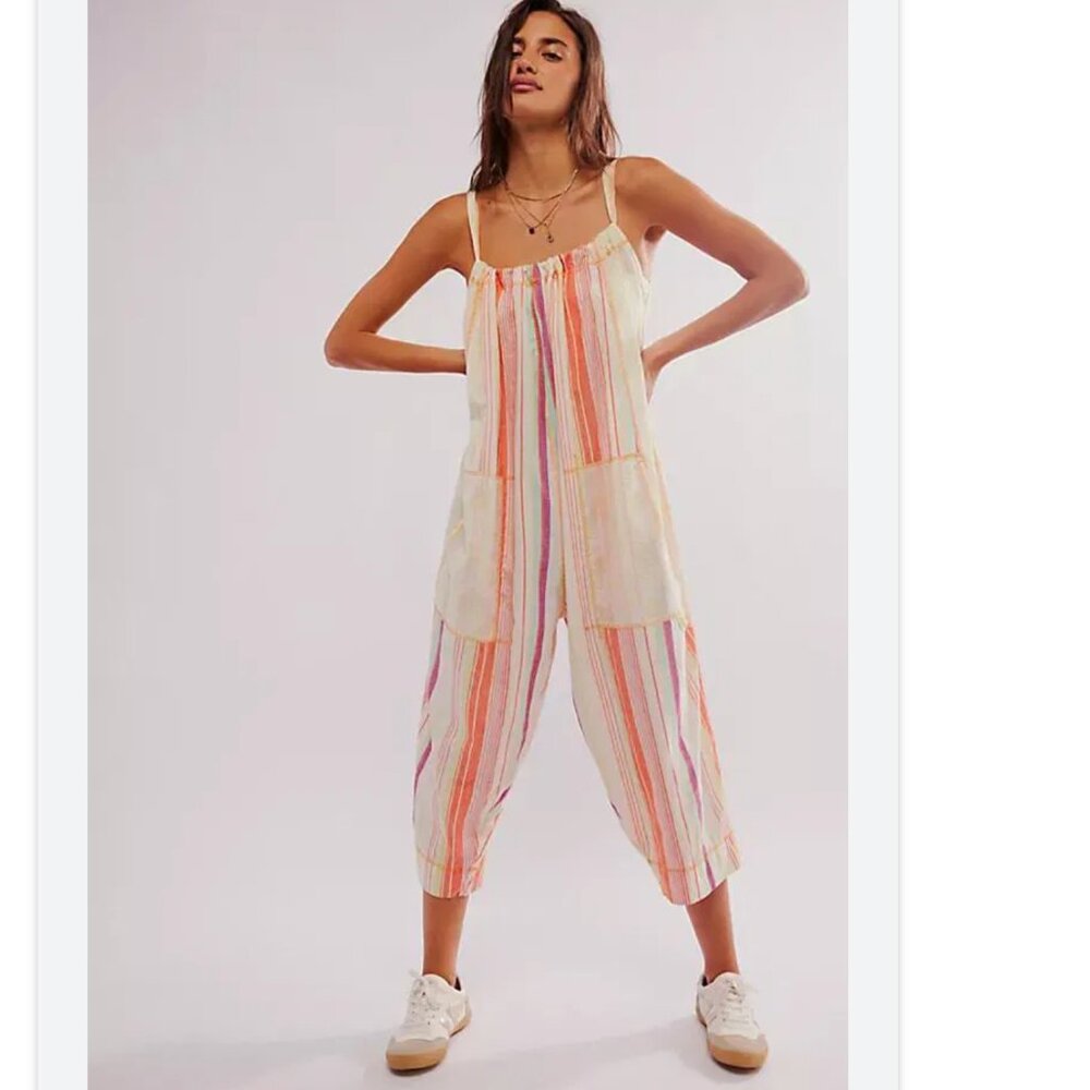 Striped Lightweight Harem Jumpsuit — Cream with Pink & Orange Stripes - Picture 2 of 8